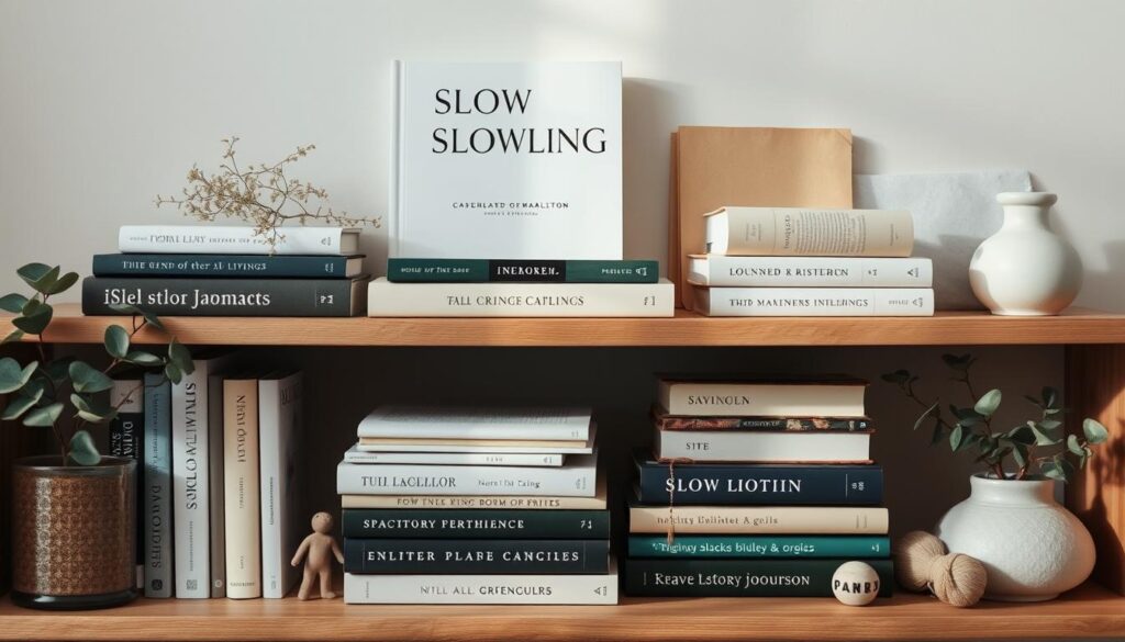 Collection of slow living resources - books, journals, and plants arranged in a calm space Collection of slow living resources - books, journals, and plants arranged in a calm space