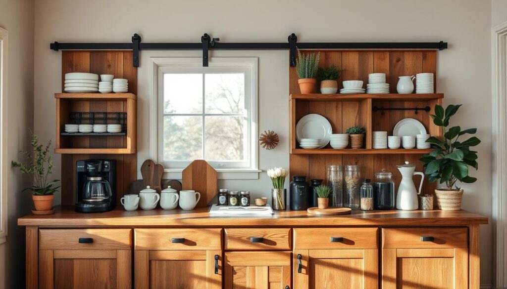 Complete farmhouse coffee bar setup with all elements beautifully styled Complete farmhouse coffee bar setup with all elements beautifully styled