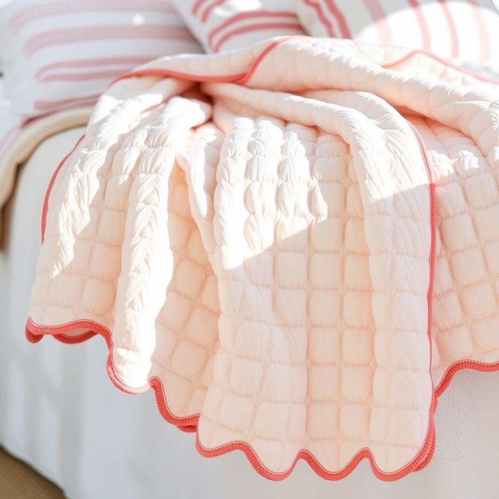 Coral and white striped matelassé blanket with scalloped edges Coral and white striped matelassé blanket with scalloped edges