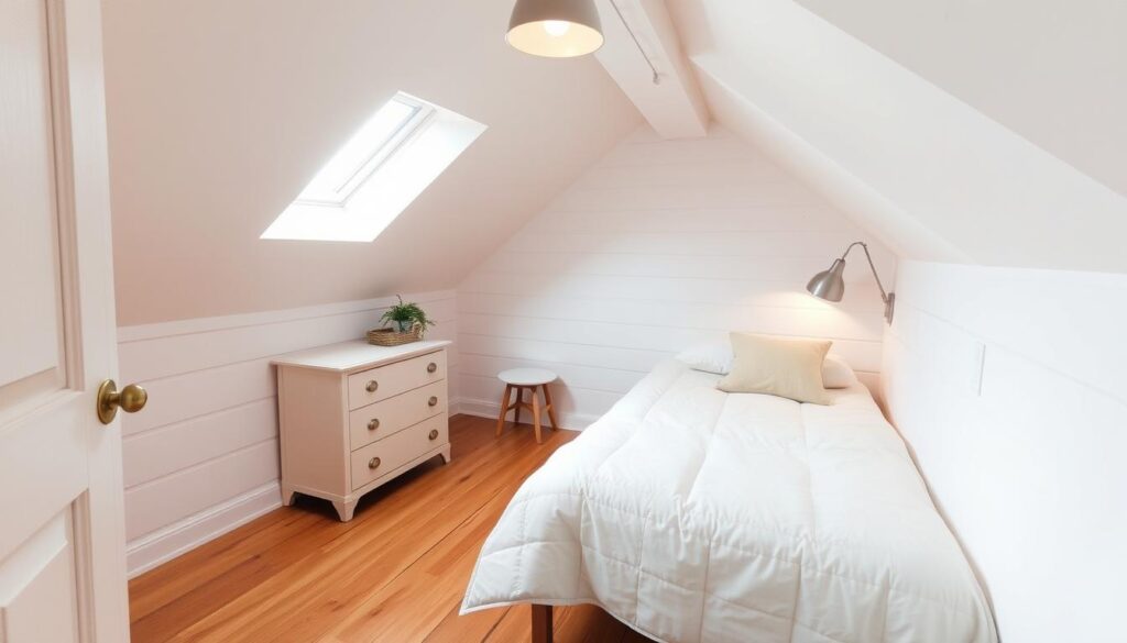 Cozy and inviting small attic bedroom with natural light streaming in through a dormer window. Minimal yet functional furniture arrangement featuring a twin-sized bed with a plush duvet, a compact dresser, and a petite side table. Warm wooden flooring and whitewashed exposed beams create a serene and rustic ambiance. Soft overhead lighting casts a gentle glow, while a touch of greenery adds a natural touch. The space feels intimate and well-organized, showcasing clever storage solutions to maximize the limited square footage.