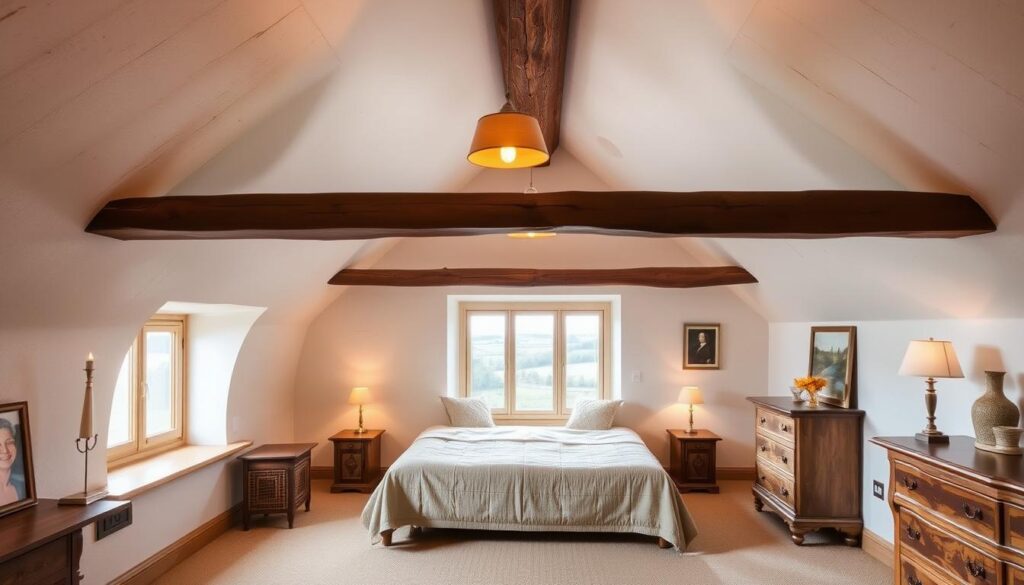 Cozy attic bedroom with slanted ceilings and warm, natural lighting. Inviting window seat overlooking a picturesque countryside view. Vintage wooden beams and white plaster walls create a rustic, charming ambiance. Plush, neutral-toned bedding and soft lighting from pendant lamps add to the serene, relaxing atmosphere. Antique nightstands and a wooden dresser complement the classic aesthetic. Overall, a harmonious, well-designed space that maximizes the unique architectural features of an attic conversion.