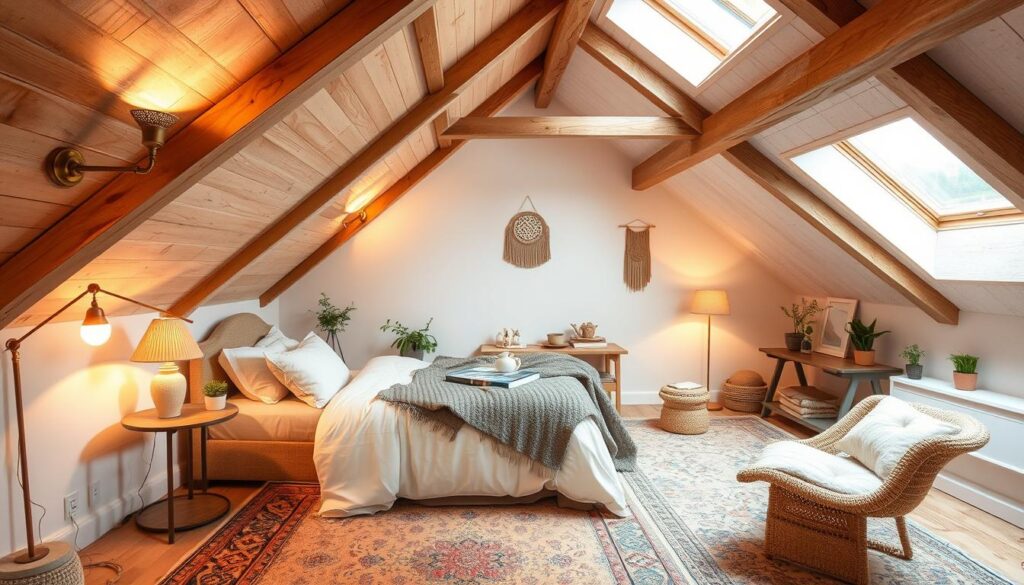 Cozy attic bedroom with soft, harmonious color palette. Warm lighting from antique brass sconces and floor lamps casts a golden glow on natural wood beams and whitewashed walls. Plush, neutral-toned bedding and textiles complement the muted tones of vintage rugs. Scattered potted plants and delicate wall hangings add earthy accents. Angled skylights allow natural daylight to filter in, creating a tranquil, inviting atmosphere. A mix of modern and vintage furnishings blend seamlessly, showcasing an elegant, refined aesthetic.