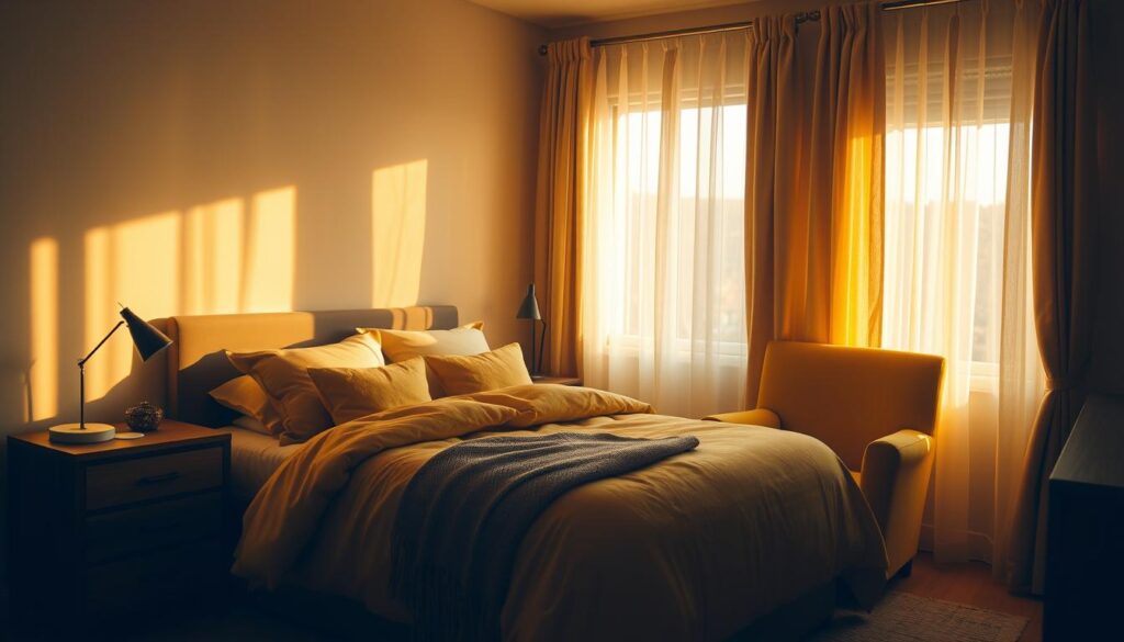 Cozy bedroom with warm, golden lighting spilling across a plush, yellow-tinted duvet and pillows. Plush mustard-colored armchair nestled in the corner, inviting relaxation. Sheer, curtains softly diffusing natural light, creating a tranquil ambiance. Wooden nightstands with tactile textures, complemented by sleek table lamps. Subtle patterns in the textiles, like a woven throw or patterned rug, adding visual interest. Overall, a harmonious, inviting space that evokes feelings of comfort and serenity.