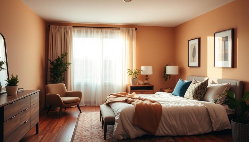 Cozy low-ceiling bedroom with warm, inviting color palette. Soft, diffused natural lighting filters through sheer curtains, casting a gentle glow. Walls painted in a soothing neutral tone, complemented by rich wood tones in the floor and furniture. Plush textiles in complementary hues, like a velvety accent chair and patterned area rug, add depth and texture. Carefully curated decor elements, such as potted plants and framed artwork, contribute to the tranquil ambiance. The overall scene exudes a sense of comfort and relaxation, showcasing an effortless yet sophisticated low-ceiling bedroom design.