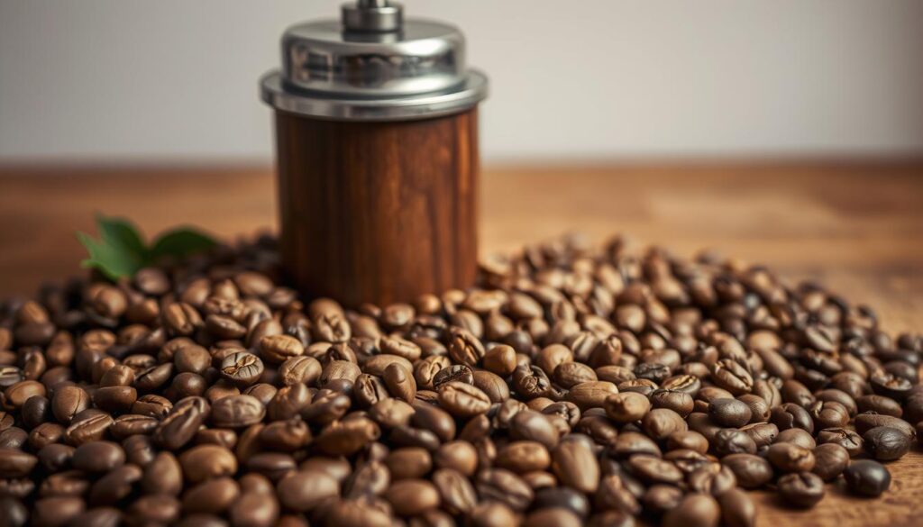 Detailed still life of a coffee grinder surrounded by various types of coffee beans. The grinder is situated on a wooden table, with a neutral background. The beans are arranged in the foreground, showcasing their distinct colors, textures, and shapes. Warm, soft lighting illuminates the scene, casting gentle shadows and highlights to enhance the tactile quality of the materials. The composition is balanced and visually appealing, inviting the viewer to examine the essential tools and ingredients of the perfect cup of coffee. The image conveys a sense of craftsmanship, quality, and the ritual of coffee preparation. Detailed still life of a coffee grinder surrounded by various types of coffee beans. The grinder is situated on a wooden table, with a neutral background. The beans are arranged in the foreground, showcasing their distinct colors, textures, and shapes. Warm, soft lighting illuminates the scene, casting gentle shadows and highlights to enhance the tactile quality of the materials. The composition is balanced and visually appealing, inviting the viewer to examine the essential tools and ingredients of the perfect cup of coffee. The image conveys a sense of craftsmanship, quality, and the ritual of coffee preparation.