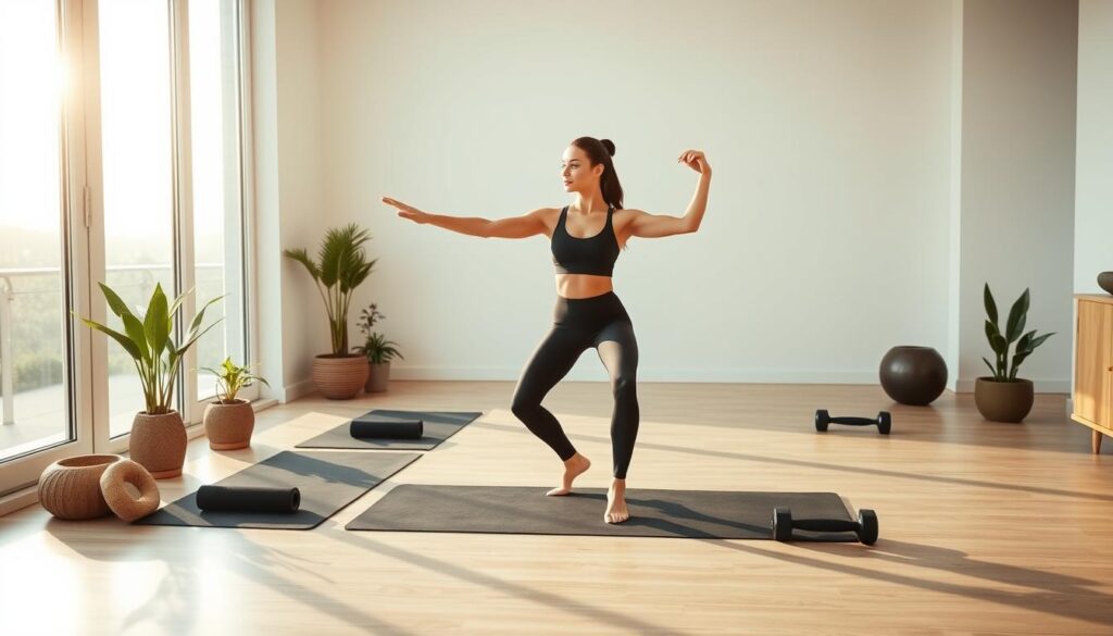 Early morning light filters through floor-to-ceiling windows, illuminating a spacious, minimalist home gym. In the center, a young woman in sleek athletic wear performs a series of dynamic stretches, her movements fluid and purposeful. Yoga mats, resistance bands, and a set of dumbbells are neatly arranged nearby, ready for a full-body workout routine. Potted plants and natural wood accents create a calming, nature-inspired ambiance, while the clean, uncluttered space encourages focus and mindfulness. The woman's expression is one of serene concentration, embodying the holistic approach to wellness that defines her morning ritual.