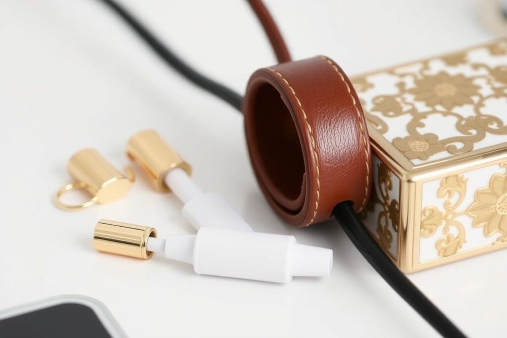 Elegant cable management with gold clips and organizers Elegant cable management with gold clips and organizers