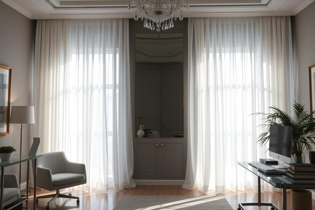 Elegant sheer curtains filtering light into a glamorous office Elegant sheer curtains filtering light into a glamorous office