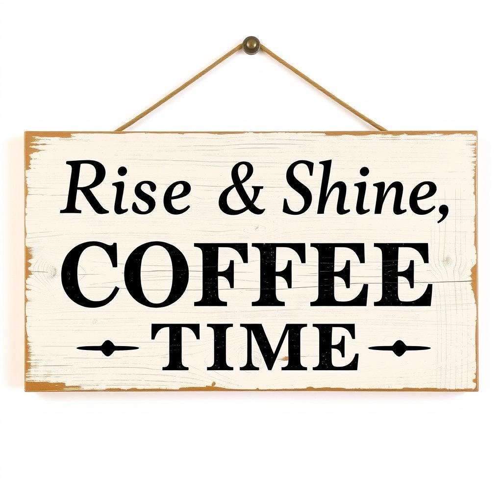 Farmhouse Coffee Bar Sign with 'Rise & Shine, Coffee Time' text in rustic wood finish Farmhouse Coffee Bar Sign with 'Rise & Shine, Coffee Time' text in rustic wood finish
