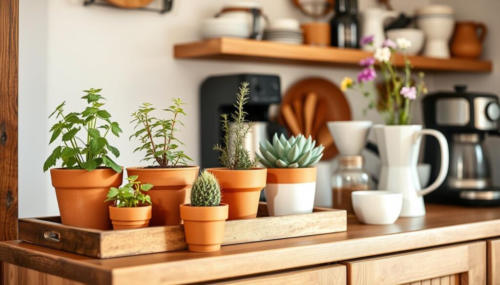 Farmhouse coffee bar with small potted herbs and plants adding life Farmhouse coffee bar with small potted herbs and plants adding life