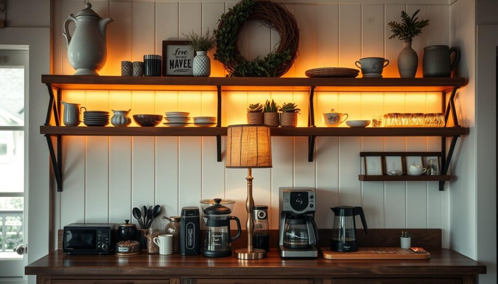 Farmhouse coffee bar with strategic lighting and warm ambiance Farmhouse coffee bar with strategic lighting and warm ambiance