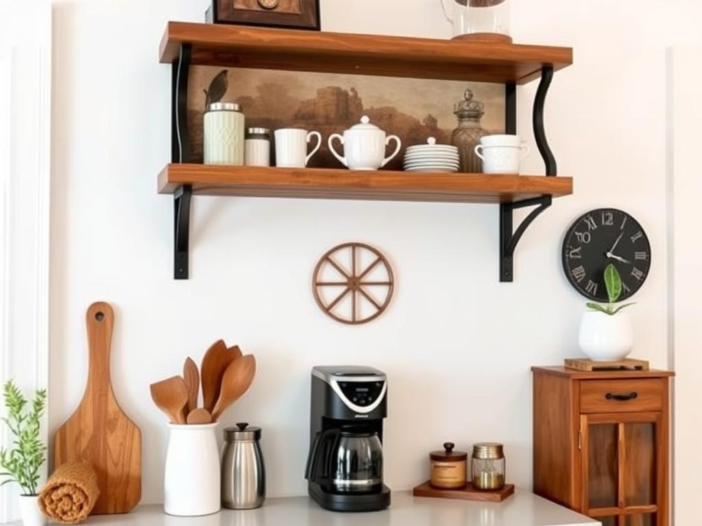 Floating shelves above a small farmhouse coffee station to maximize vertical space Floating shelves above a small farmhouse coffee station to maximize vertical space