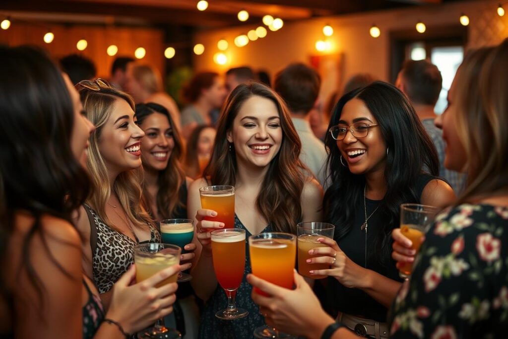 Friends enjoying alcohol-free drinks at a social gathering, demonstrating sober curious socializing