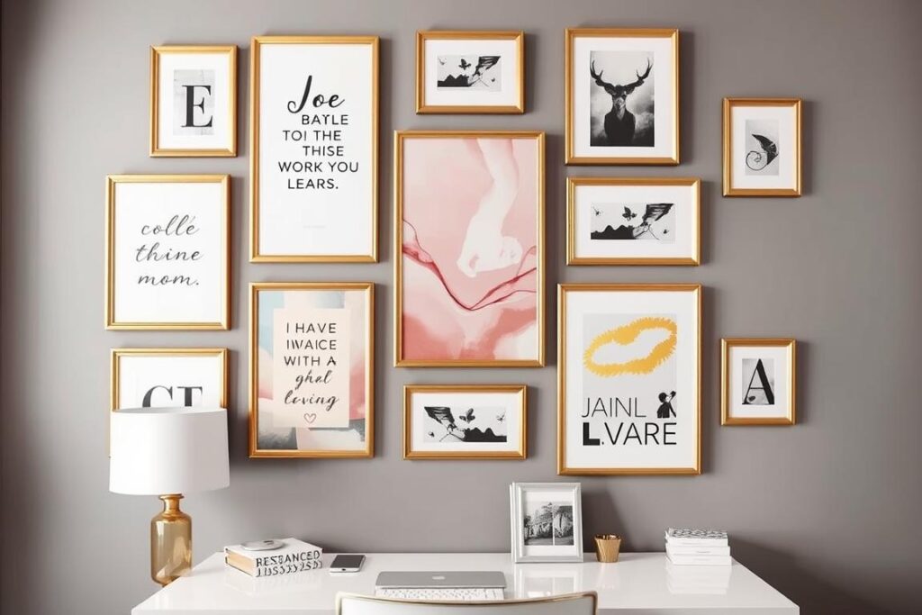 Gallery wall with gold frames featuring inspirational quotes and abstract art Gallery wall with gold frames featuring inspirational quotes and abstract art