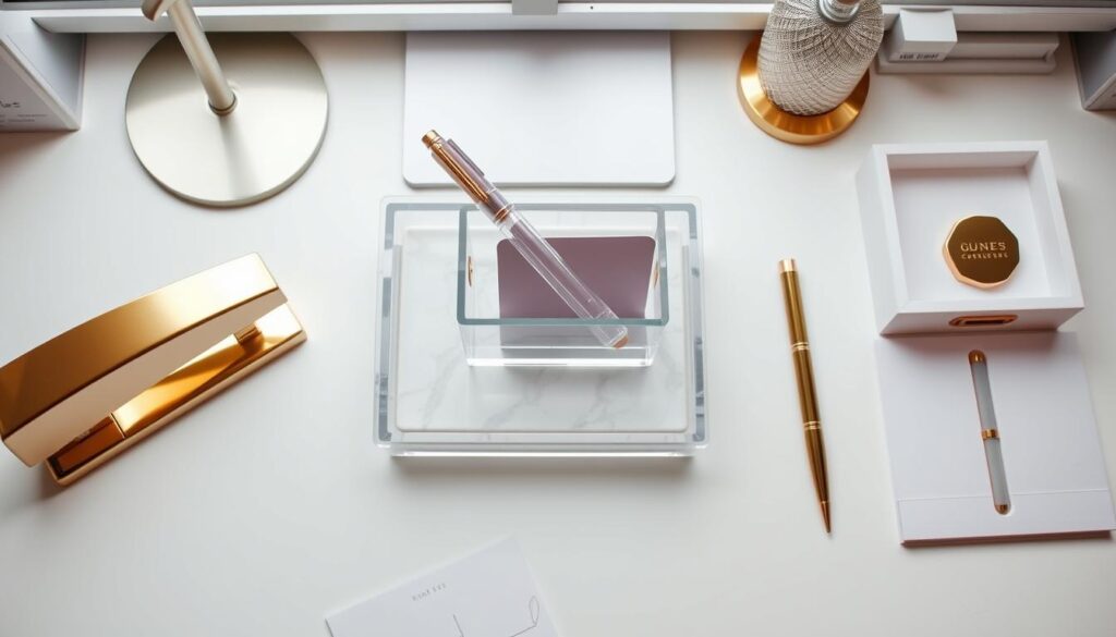 Glamorous desk accessories including gold stapler, acrylic pen holder, and marble paper tray Glamorous desk accessories including gold stapler, acrylic pen holder, and marble paper tray