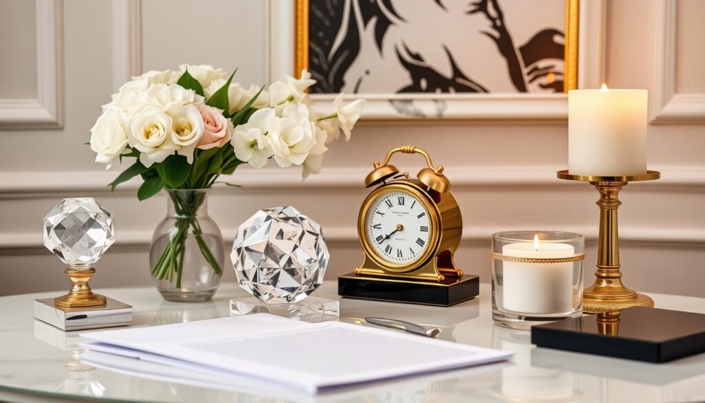 Glamorous office with carefully selected finishing touches including a crystal paperweight, gold desk clock, and fresh flowers Glamorous office with carefully selected finishing touches including a crystal paperweight, gold desk clock, and fresh flowers