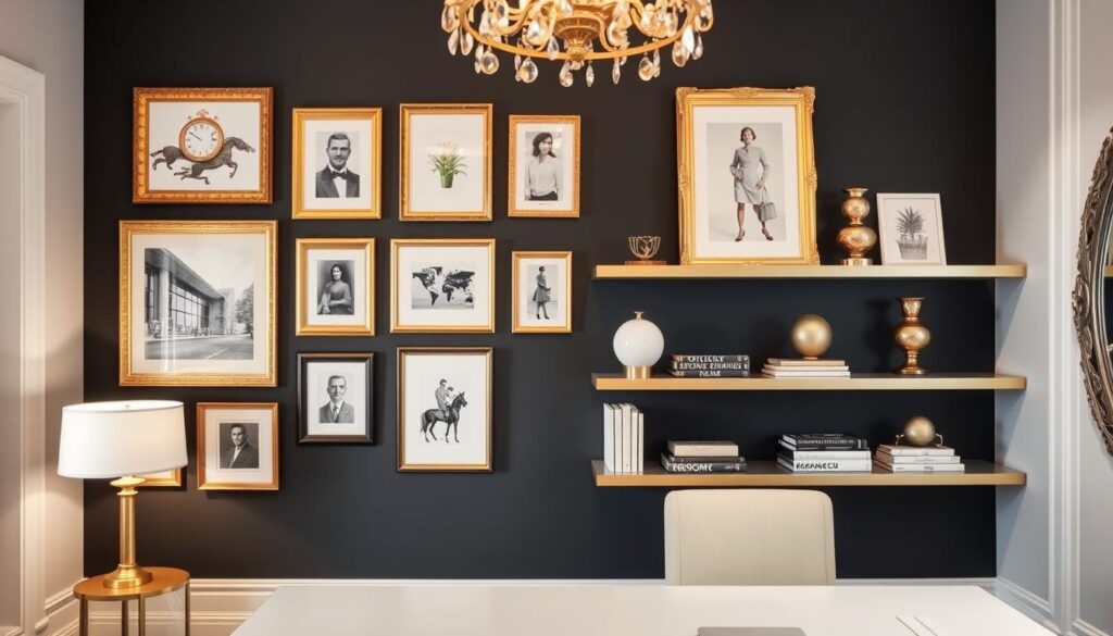 Glamorous office with elegant wall decor including framed art, floating shelves, and a statement mirror Glamorous office with elegant wall decor including framed art, floating shelves, and a statement mirror