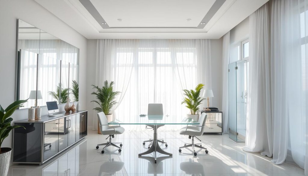 Glamorous office with large windows, sheer curtains, and strategic mirror placement Glamorous office with large windows, sheer curtains, and strategic mirror placement