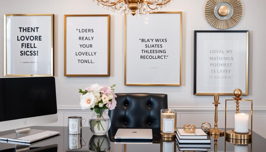 Glamorous office with personal touches including framed art, fresh flowers, and a scented candle Glamorous office with personal touches including framed art, fresh flowers, and a scented candle