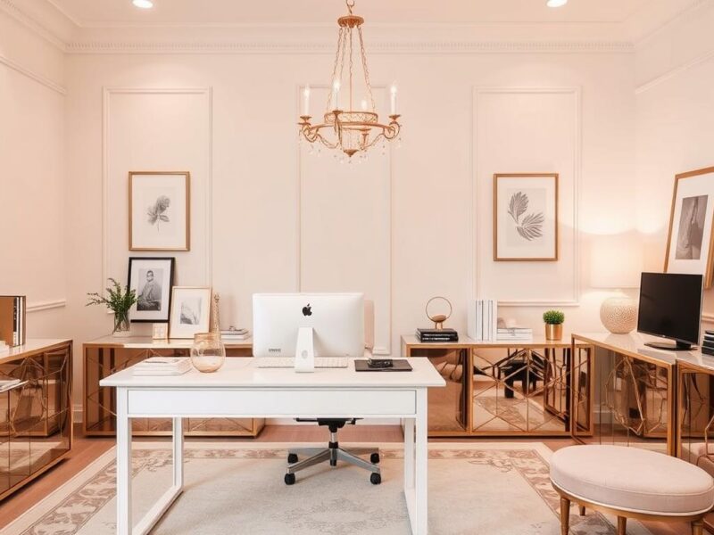 Glamorous office with soft neutral color palette featuring blush and gold accents