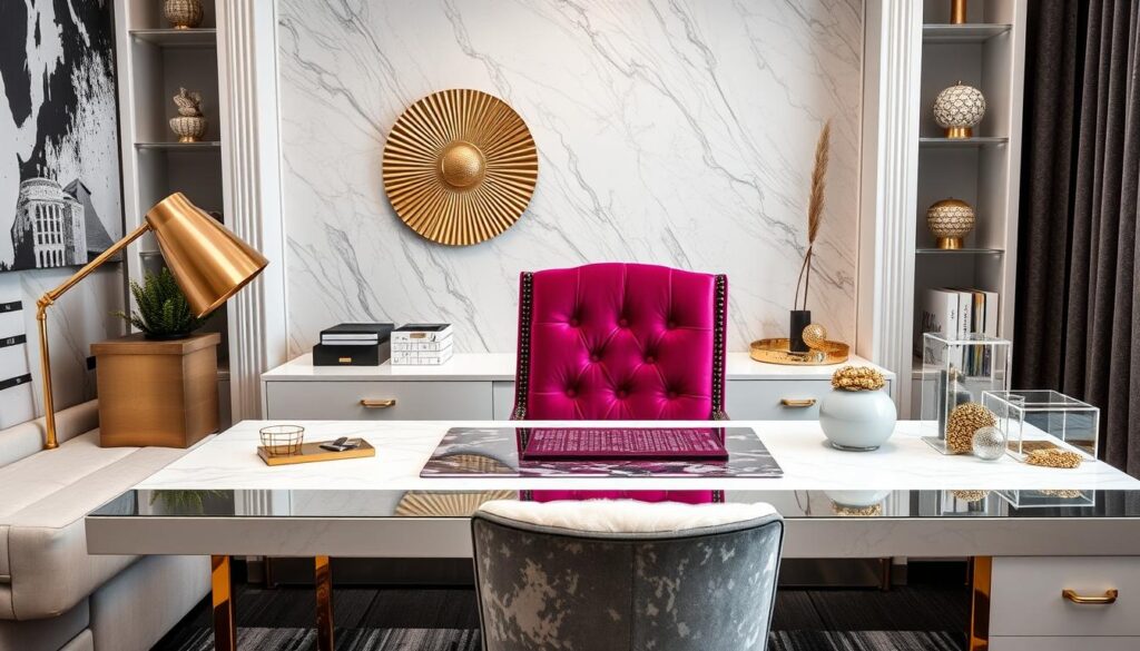 Glamorous office with various textures including velvet chair, gold accessories, and marble desk items Glamorous office with various textures including velvet chair, gold accessories, and marble desk items