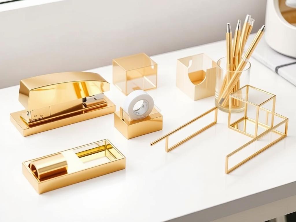 Gold desk accessories set including stapler, tape dispenser and pen holder Gold desk accessories set including stapler, tape dispenser and pen holder