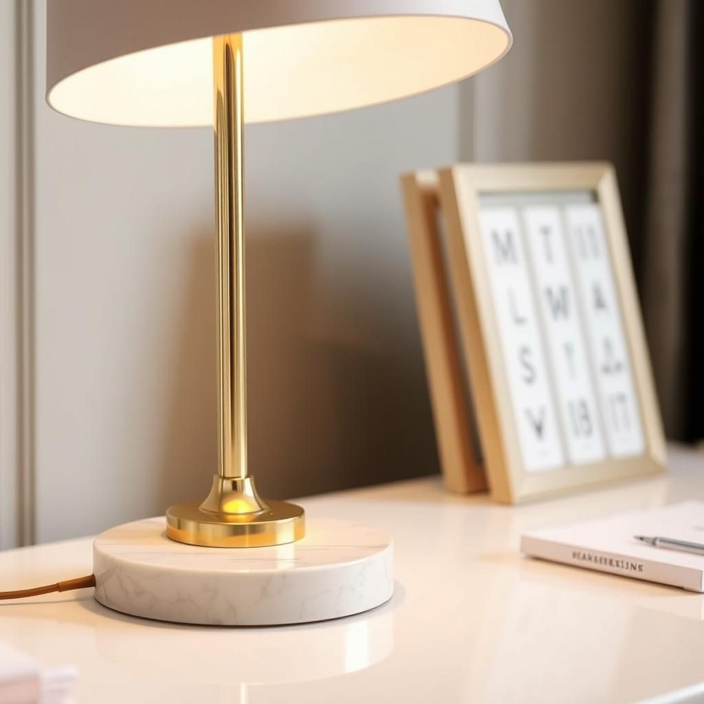 Gold desk lamp with marble base on white desk Gold desk lamp with marble base on white desk