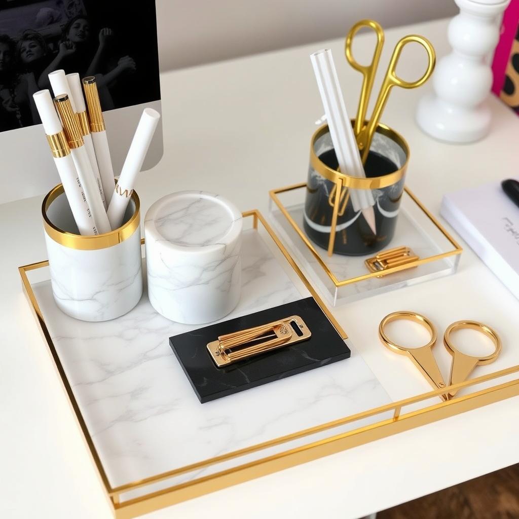 Gold desk organizer with marble and acrylic elements Gold desk organizer with marble and acrylic elements