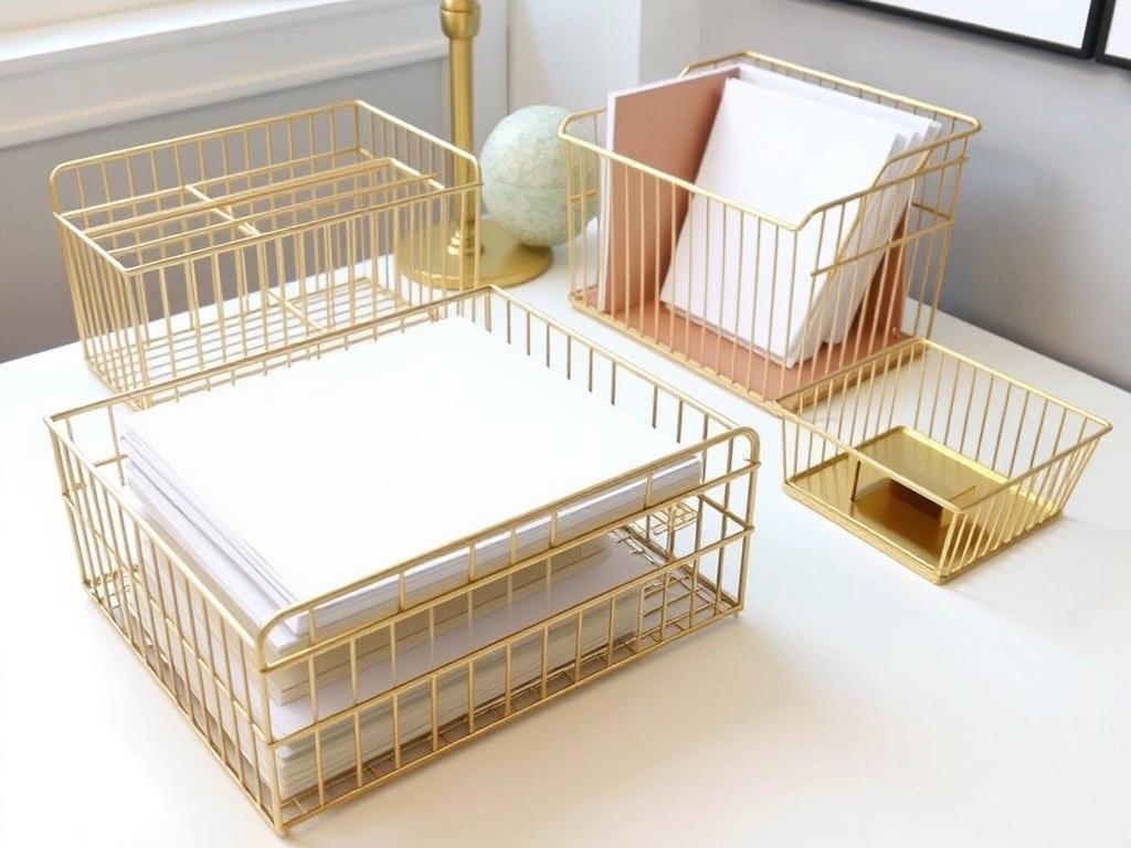 Gold wire file holders and matching desk organizers Gold wire file holders and matching desk organizers