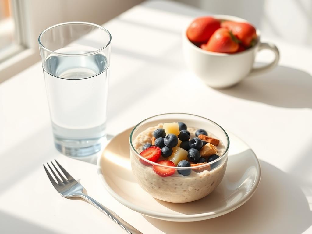Healthy breakfast and water glass for a 10-minute morning routine Healthy breakfast and water glass for a 10-minute morning routine