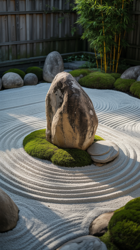 Zen garden with various rock arrangements and sand patterns
