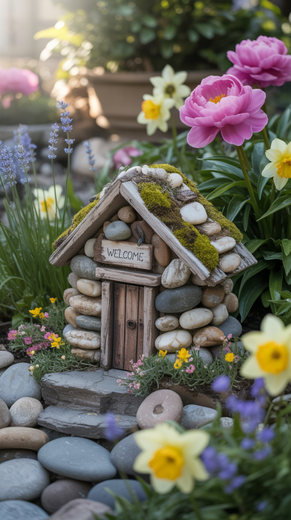 A garden featuring rock fairy houses surrounded by colorful flowers and pebbles.