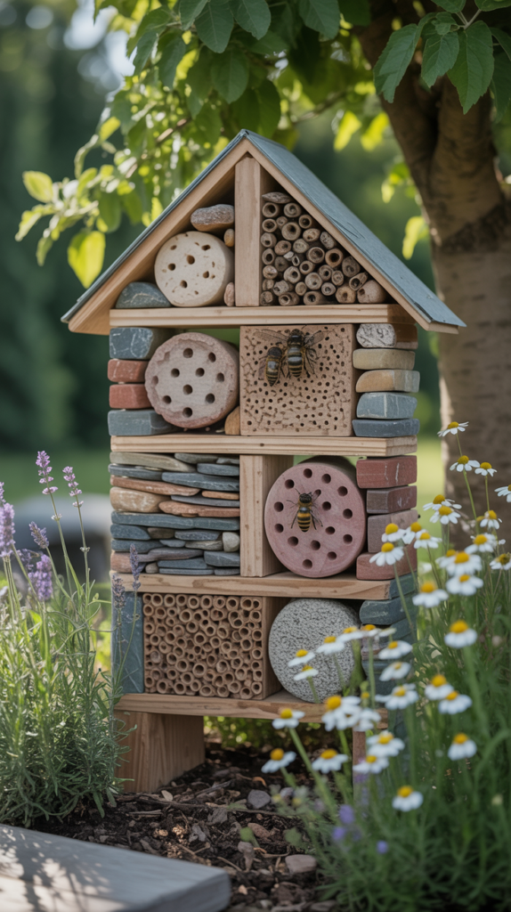 A rock insect hotel made from various stones, providing a habitat for beneficial insects in a garden.