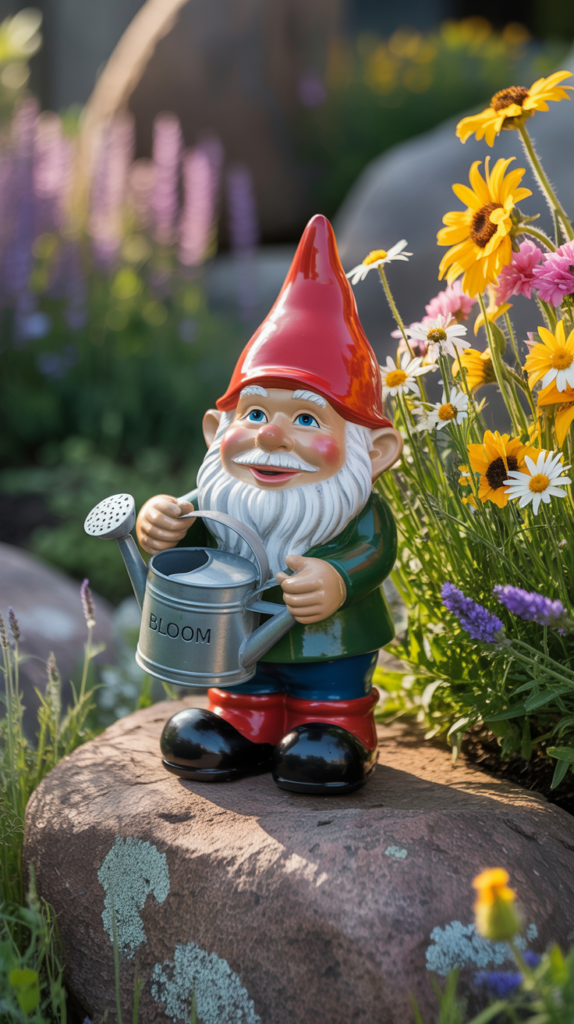 A cheerful garden gnome with a red hat, sitting on a rock surrounded by colorful flowers in a sunny garden.