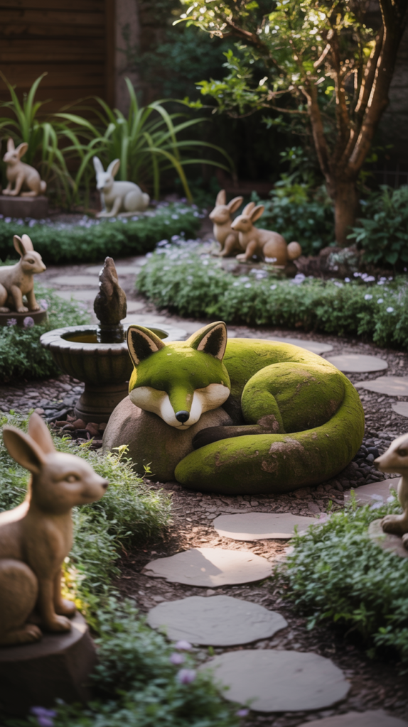 Animal-shaped rock sculptures in a garden setting