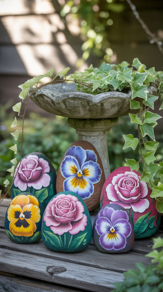 A collection of colorful painted rock flowers in a garden setting.