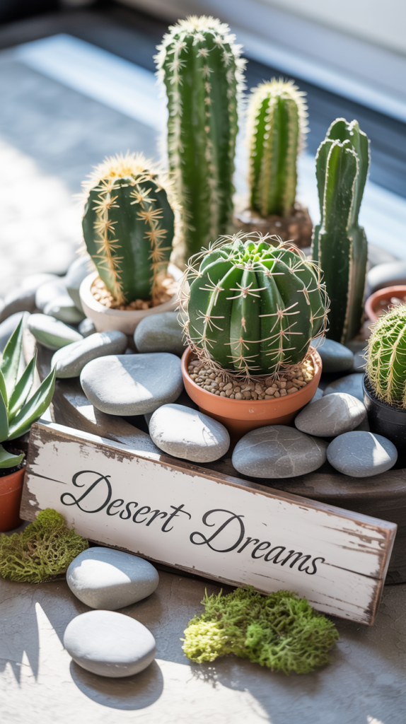 An arrangement of faux cacti among stones in a garden setting.