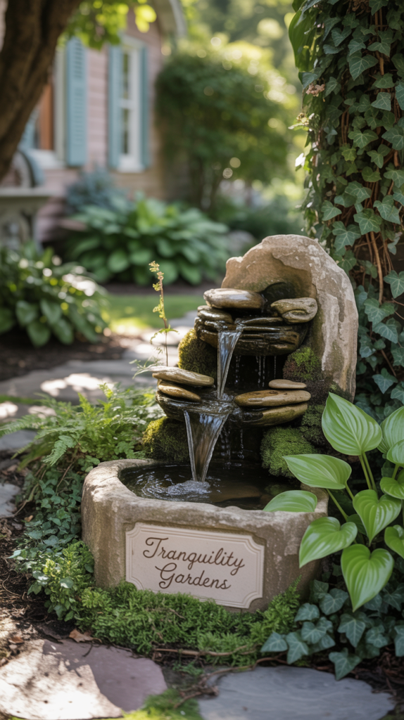 A beautiful rock water feature with cascading water over stones, surrounded by greenery.