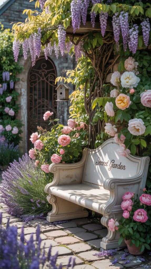 A beautiful garden featuring colorful flowers and stone benches.