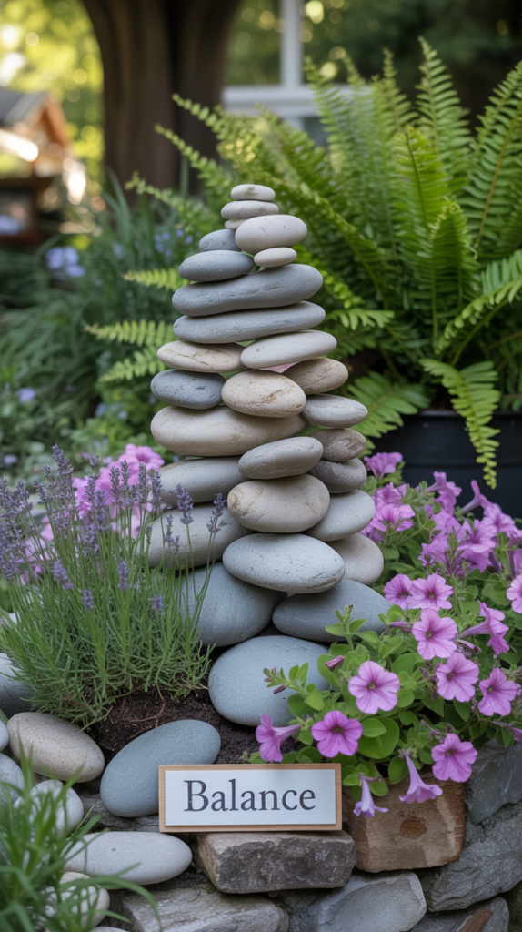 A neatly arranged rock pile sculpture in a garden, surrounded by plants and flowers.