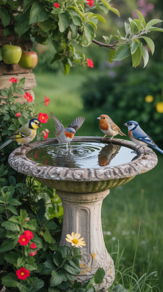 A stone bird bath in a garden surrounded by green plants and flowers, with several birds enjoying the water