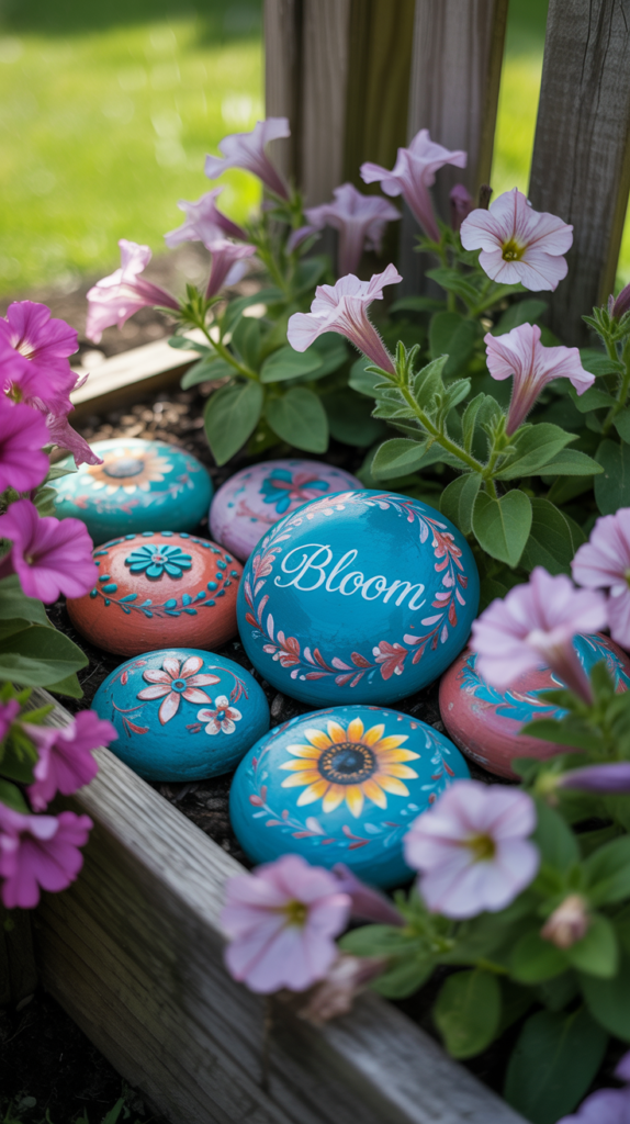 Colorful painted garden stones among flowers