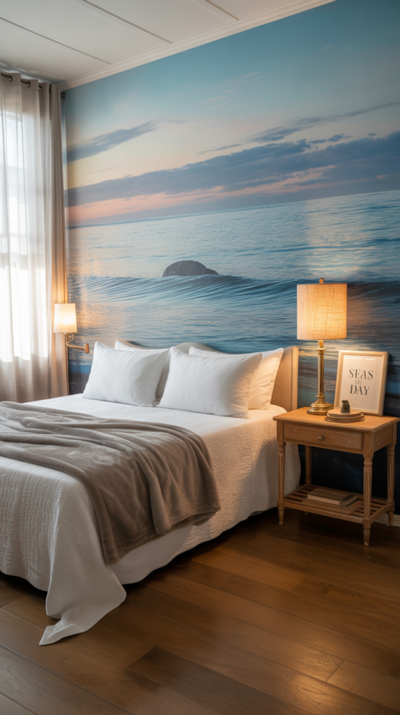 A bedroom with an ocean view wall mural, featuring a bed with white bedding and wooden furniture.