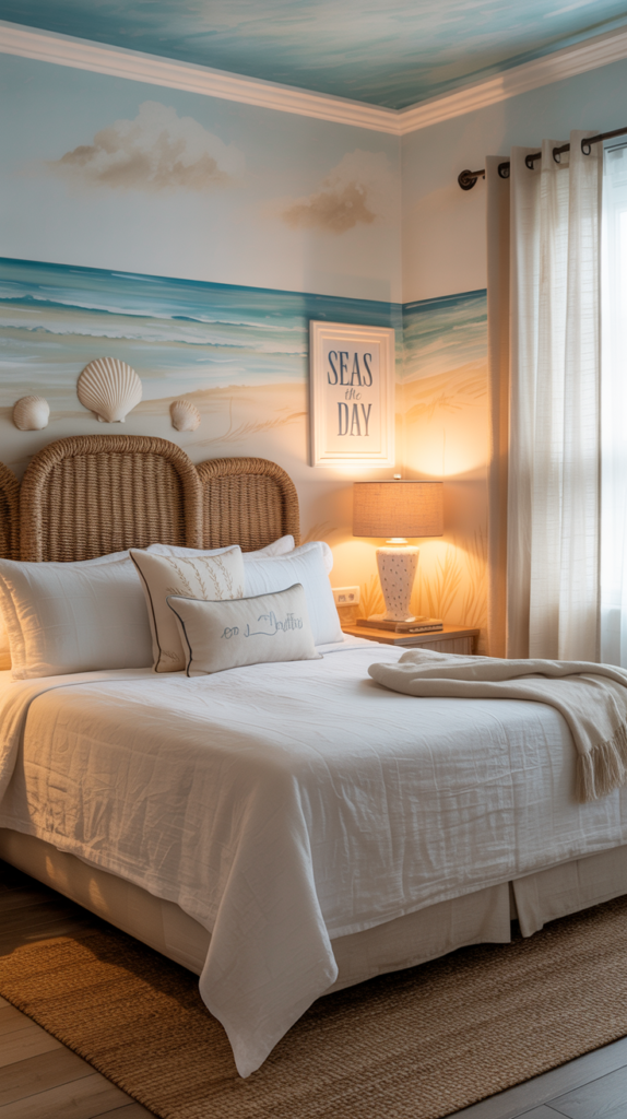 A coastal-themed bedroom featuring seashell accents on the wall, a cozy bed, and warm lighting.