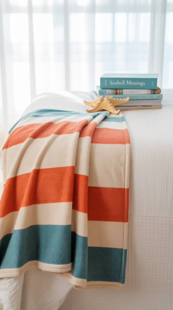 Coastal-themed throw blanket with stripes in orange, cream, and teal, draped over a bed.