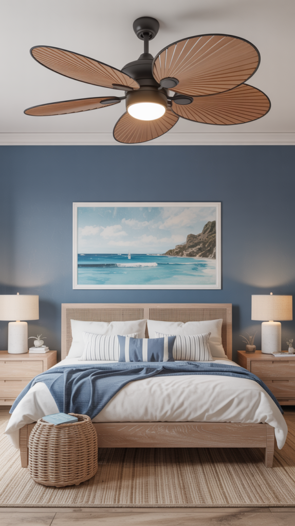 A stylish ceiling fan with wooden blades and a light fixture, set against a blue wall in a coastal-themed bedroom.