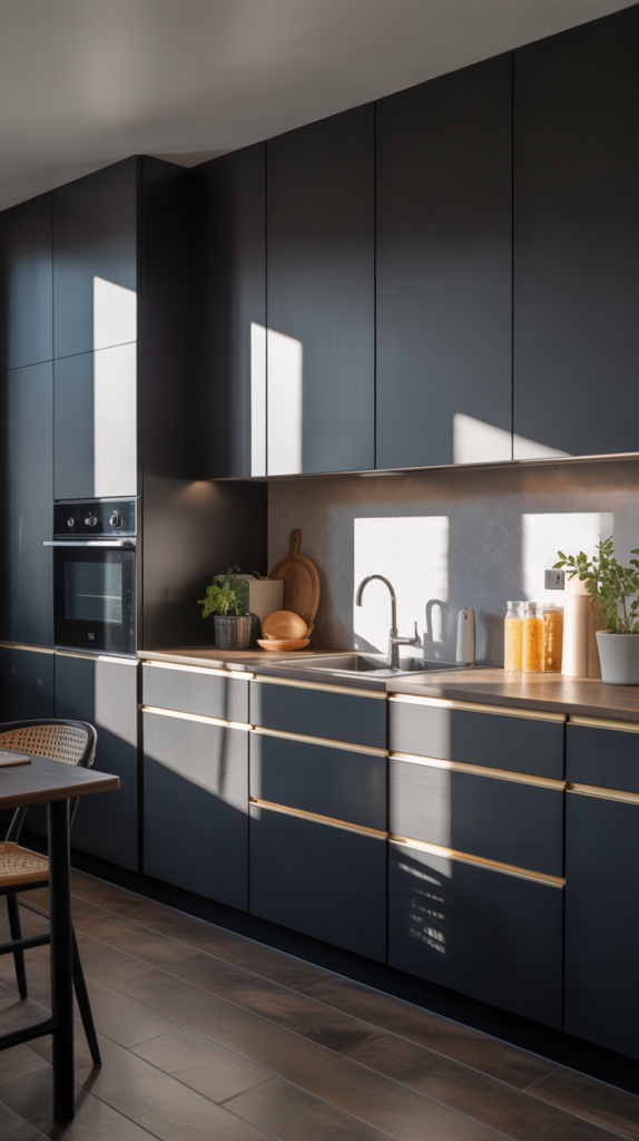A modern black kitchen with soft gray accents and natural light casting shadows.