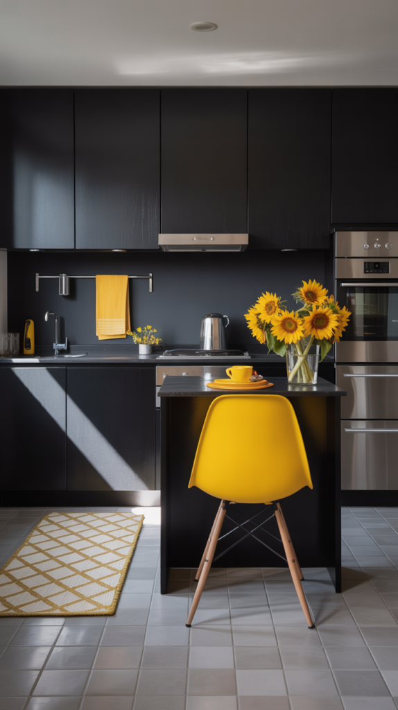 A modern black kitchen with bright yellow accents, including chairs, flowers, and a dish towel.