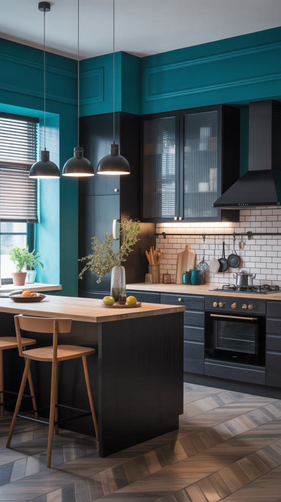 A modern black kitchen with teal walls and stylish decor.