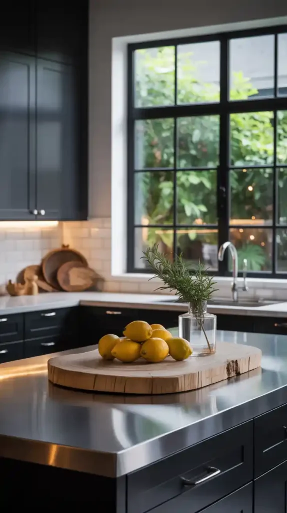 A modern black kitchen featuring warm white accents with wooden elements.